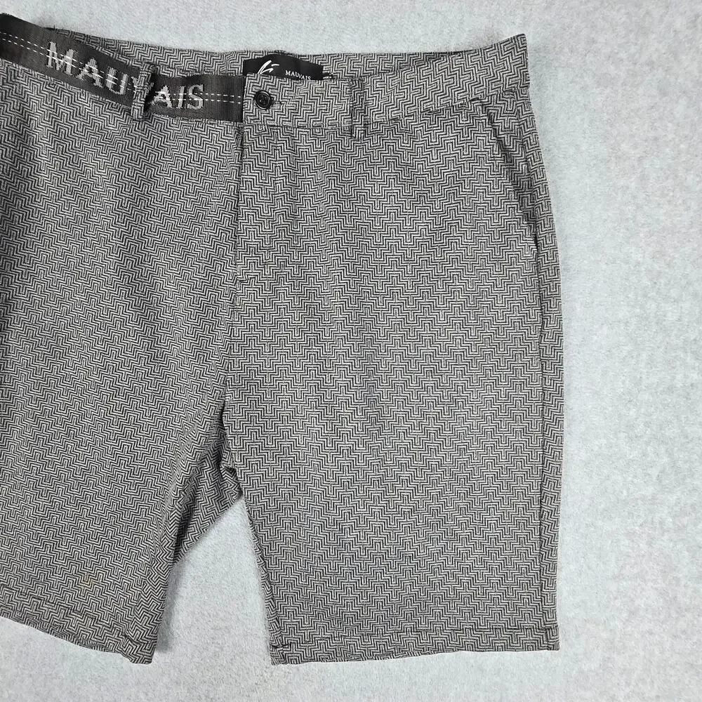 Mauvais 38 Louvre Gray Flat Front Shorts Logo Waistband Geometric Print Pattern